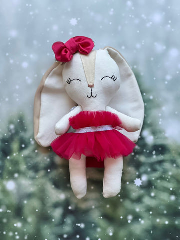 Coneja navideña chica con vestido y moño rojo (20cm)