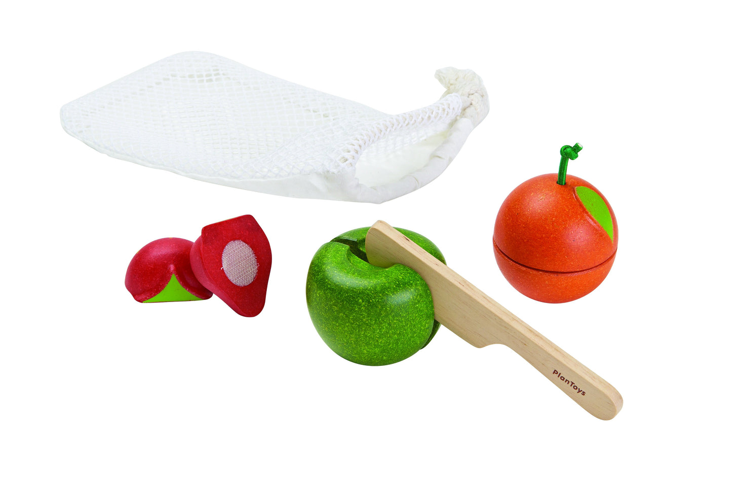 “Set costal de 3 frutas con cuchillo de madera”